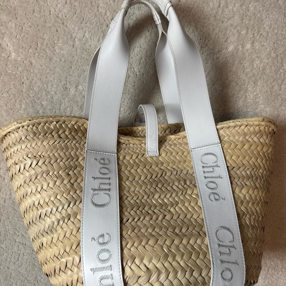 Chloe Tan and White Woven Tote Bag - Picture 1 of 6